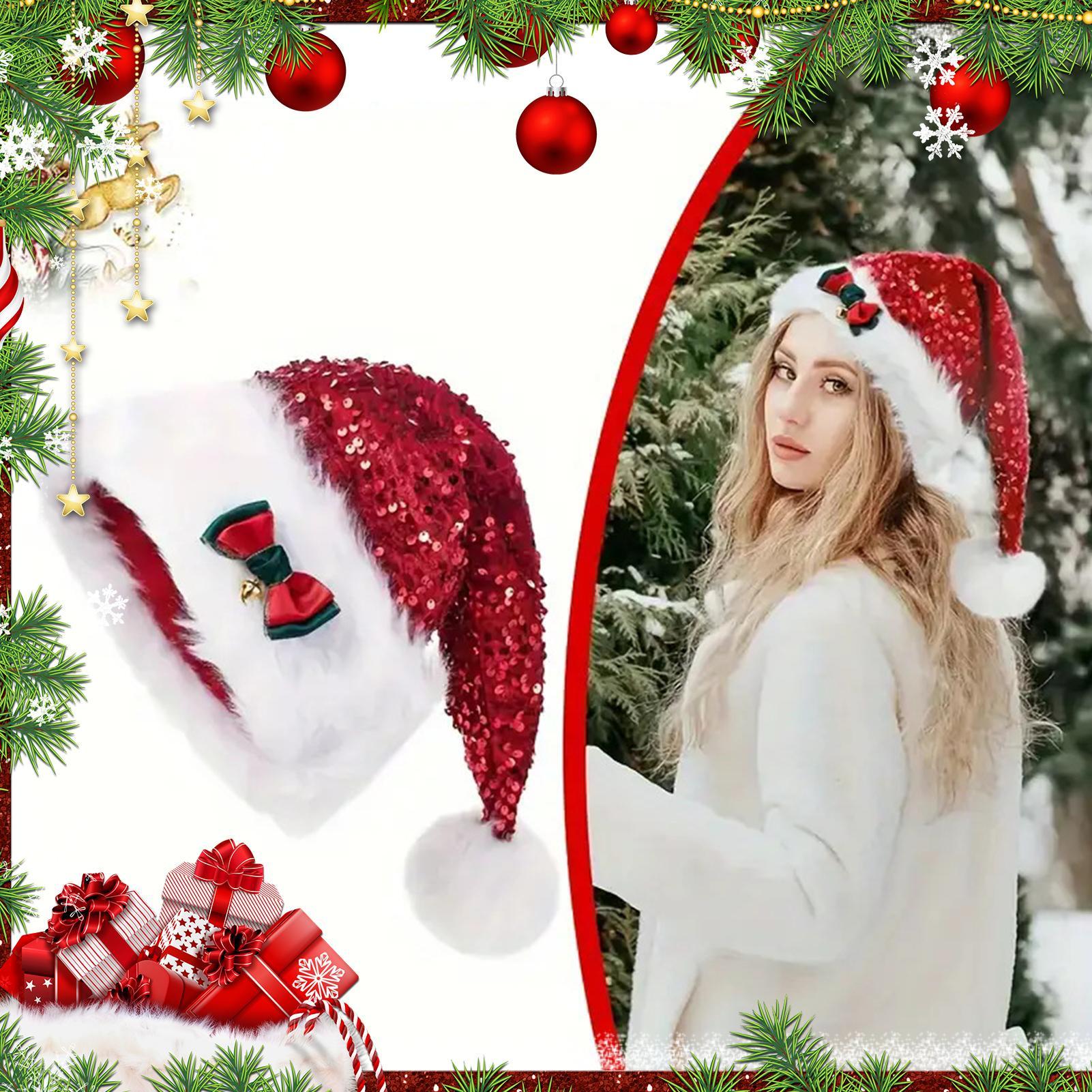 Santa Hat Plush - Plush Christmas Hats Sequin Bow Tie